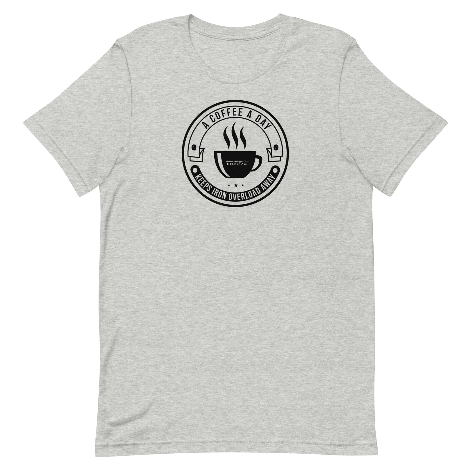 "A Coffee a Day Keeps Iron Overload Away" Circle Design Hemochromatosis Awareness Premium Short Sleeve T-Shirt (11 Colors)