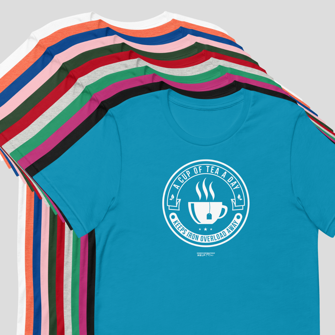 "A Cup of Tea A Day Keeps Iron Overload Away" Circle Design Hemochromatosis Awareness Premium Short Sleeve T-Shirt (11 Colors)