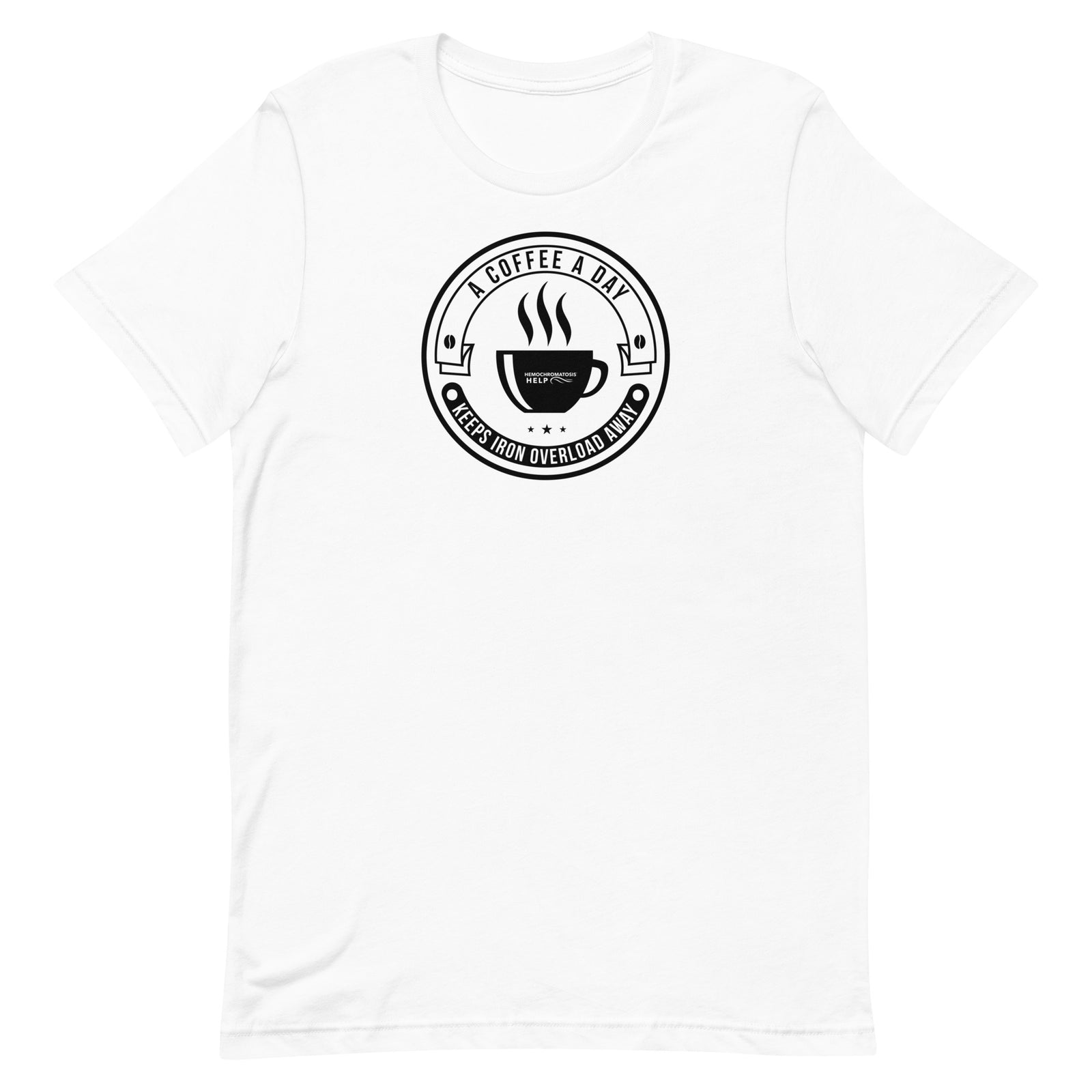 "A Coffee a Day Keeps Iron Overload Away" Circle Design Hemochromatosis Awareness Premium Short Sleeve T-Shirt (11 Colors)